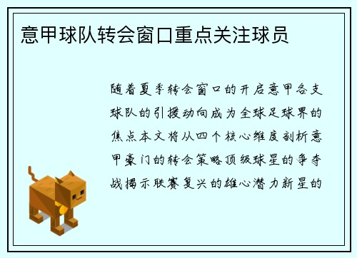 意甲球队转会窗口重点关注球员